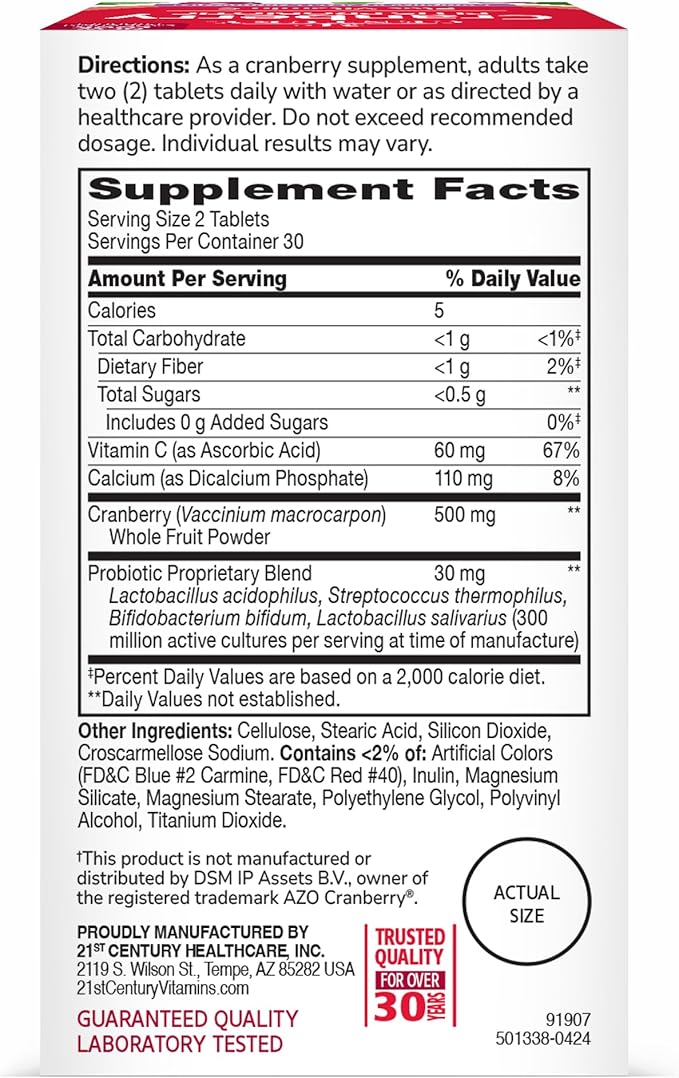 21st Century Cranberry Plus Probiotic Tablets, 60 Count