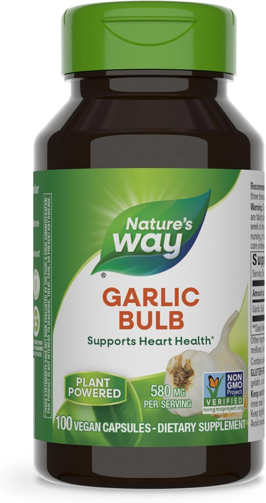 Nature's Way Garlic Bulb, Supports Heart Health*, Non-GMO Project Verified, 580 mg per Serving, Vegan, 100 Capsules (Packaging May Vary)