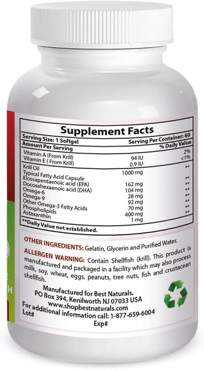 Best Naturals Krill Oil Soft Gel, 1000 mg, 60 Count