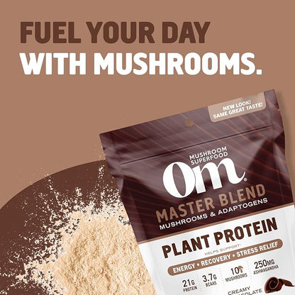 OM MUSHROOM SUPERFOOD Master Blend Creamy Chocolate Protein Powder, 16 Servings, Plant-Based with 10 Mushroom Complex for Recovery & Energy