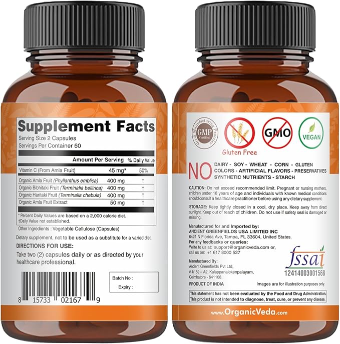 Organic Veda Triphala Capsules - Ultra Concentrated Amla Extract Organic Triphala Supplement with Natural Vitamin C - for Colon Cleanse, Skin Radiance, Immunity & Digestion - 120 Vegan Pills