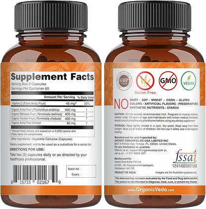 Organic Veda Triphala Capsules - Ultra Concentrated Amla Extract Organic Triphala Supplement with Natural Vitamin C - for Colon Cleanse, Skin Radiance, Immunity & Digestion - 120 Vegan Pills