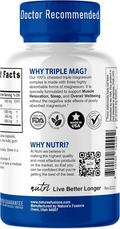 Nutri Triple Magnesium Complex 440mg - Magnesium Glycinate, Malate, & Taurinate - 100% Chelated for Maximum Absorption - 120 Vegan Capsules - Triple Complex Magnesium - Magnesio Triple Complex