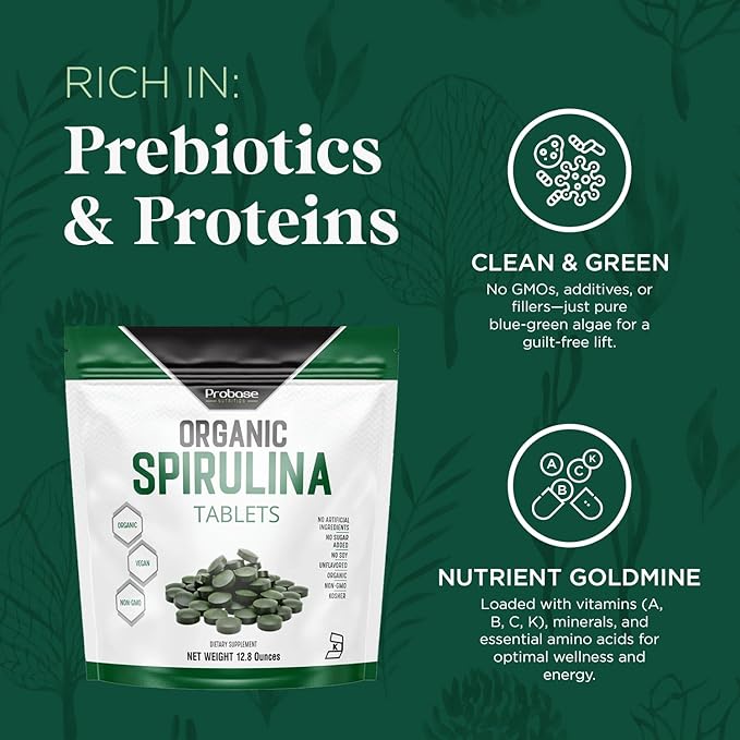 Organic Spirulina Tablets, Premium Spirulina Supplement, Rich in Prebiotics, Protein & Antioxidants | 3000 mg Per Serving, 720 Tablets