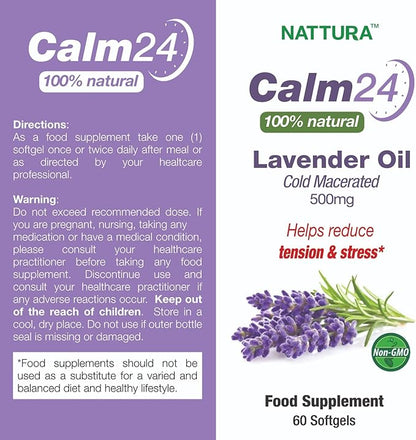 Nattura Calm Aid Lavender Oil Pills - 500mg - 60 Softgels - 100% Natural, Helps Reduce Stress, Calming for Body & Mind, Non-GMO, Certified Kosher
