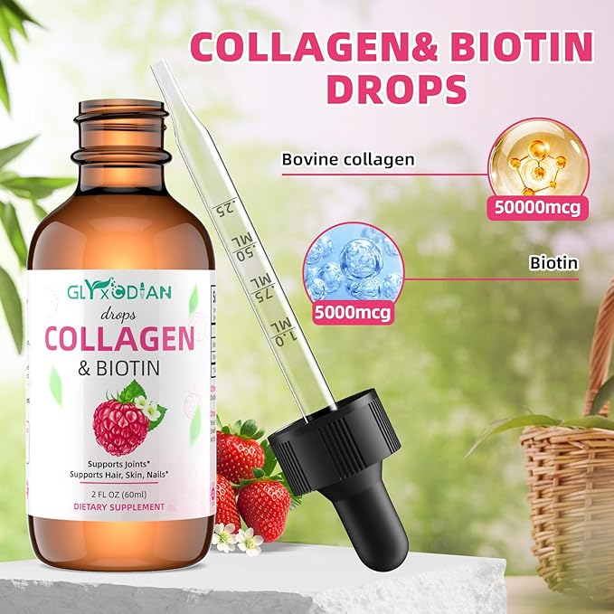 Collagen Biotin Drops - 50000mcg Liquid Collagen Supplement for Hair Growth, High Antioxidant Support Radiant Skin, Strong Nails for Women & Men, Non-GMO, Gluten Free, 2 fl Oz, Raspberry Flavor
