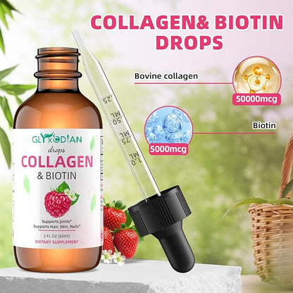 Collagen Biotin Drops - 50000mcg Liquid Collagen Supplement for Hair Growth, High Antioxidant Support Radiant Skin, Strong Nails for Women & Men, Non-GMO, Gluten Free, 2 fl Oz, Raspberry Flavor