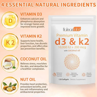 Vitamin D3 K2 Softgel 120pcs with Coconut Oil Support Immune, K2 D3 Vitamin Supplement Fast Absorption, D3 K2 Vitamin 10000IU, Promotes Healthy Bones, Non-GMO