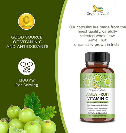 Organic Veda Amla Fruit Capsules, 20 X Concentrated Amla Berry Juice Extract Natural Vitamin C Supplement - Potent Antioxidants, Immunity, Skin Radiance - Vegan Vitamin C Amla Powder Capsule 120