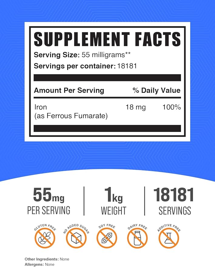 BulkSupplements.com Ferrous Fumarate Powder - Essential Mineral, Iron Supplements, Iron 18mg - Gluten Free, 55mg per Serving, 1kg (2.2 lbs) (Pack of 1)