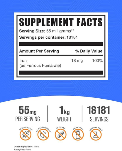 BulkSupplements.com Ferrous Fumarate Powder - Essential Mineral, Iron Supplements, Iron 18mg - Gluten Free, 55mg per Serving, 1kg (2.2 lbs) (Pack of 1)