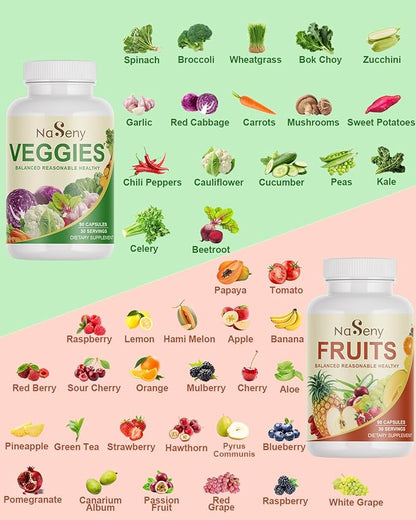 Fruits and Veggies Supplement with 40 Different Fruits & Vegetables-Nutrient-Rich Formula Rich in Vitamins and Minerals for All Ages for Energy, Immunity- 90 Fruit & 90 Veggie Capsules