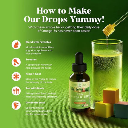 Kids DHA Omega 3 Drops - Fatty Acids Omega 3 6 9 for Brain, Immune Strength & Vision - Nutritional DHA for Kids for Healthy Nervous System & Focus Support - Liquid Supplement with EPA & ALA - 2 Fl Oz