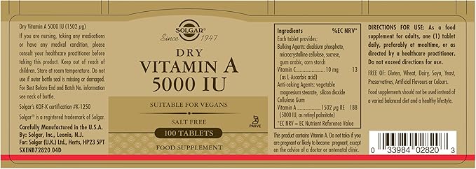 SOLGAR Dry Vitamin A 1500 mcg (5000 IU), 100 Tablets - Supports Healthy Eyes, Skin & Immune System - Non-GMO, Vegan, Gluten Free, Dairy Free, Kosher - 100 Servings (Pack of 2)