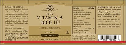 SOLGAR Dry Vitamin A 1500 mcg (5000 IU), 100 Tablets - Supports Healthy Eyes, Skin & Immune System - Non-GMO, Vegan, Gluten Free, Dairy Free, Kosher - 100 Servings (Pack of 2)