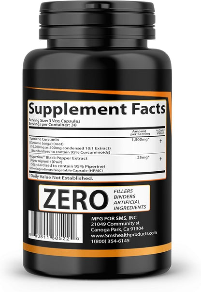 Turmeric Curcumin with Black Pepper 1,500mg | 90 Veggie Capsules | Dietary Supplement with 95% Standardized Curcuminoids & Bioperine for Potency & Absorption | Non-GMO, Gluten Free