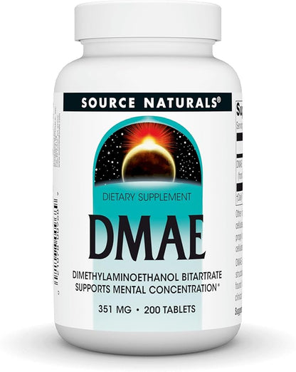 Source Naturals DMAE, Dimethylaminoethanol Bitartrate - Supports Mental Concentration - 200 Tablets