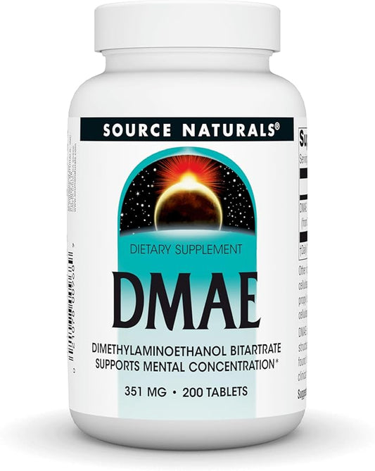 Source Naturals DMAE, Dimethylaminoethanol Bitartrate - Supports Mental Concentration - 200 Tablets