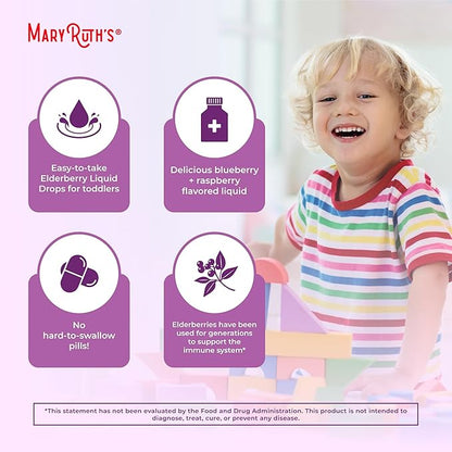 MaryRuth Organics Toddler Elderberry Syrup, USDA Organic Elderberry, Sugar Free Kids Immune Support Supplement for Ages 1-3 Years, Clean Label Project Verified®, Vegan, Non-GMO, Gluten Free, 1 Fl Oz