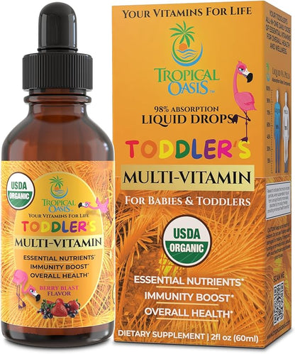 Tropical Oasis USDA Organic Kids Liquid Multivitamin for Toddlers | Organic Toddler Vitamins Liquid Drops for Kids Ages 1-3 | Supports Healthy Immune System | Sugar Free | Vegan | Non-GMO | 2 Fl Oz