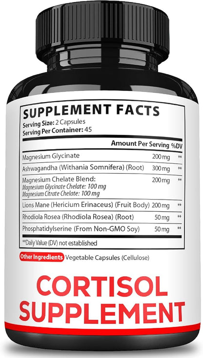 Satoomi 7in1 Cortisol Supplement - Magnesium Glycinate with Ashwagandha, Magnesium Glycinate and Citrate - Mood & Rest Well & Resilience - 90 Capsules for 45 Days