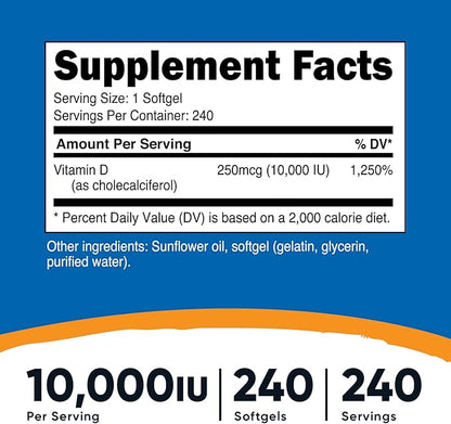 Nutricost Vitamin D3 10,000 IU, 240 Soft Gel Caps (2 Bottles)