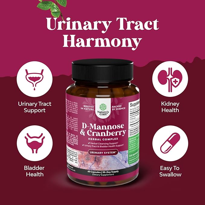 D Mannose with Cranberry Supplement - Potent D Mannose 1000mg Capsules for Kidney Defense Support & Cleanse and Urinary Tract Health for Women & Men - Bladder Health Supplement for Adults - 60 Count