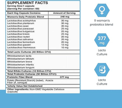 Probiotics for Women - 50 Billion CFU, 16 Strains, Organic Prebiotics & Probiotics for Women (Eurofins Lab Tested) - Digestive, Vaginal, Immune & Urinary Health - 2 Months Supply - 60 Capsules