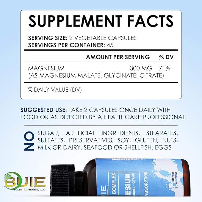 BUIE Triple Complex Magnesium 300mg | High Absorption Magnesium Glycinate, Citrate & Malate Supplement | Supports Muscle Strength, Metabolism, Heart & Bone Health | Vegan Non-GMO | 90 Capsules