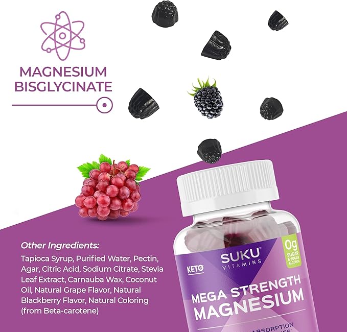 Mega Strength Magnesium - 177 mg of Magnesium Bisglycinate Gummies for Muscle Function - Easy to Chew - Non GMO, Gluten Sugar Free - Grape BlackBerry Flavored Gummy Vitamins (50 Count)