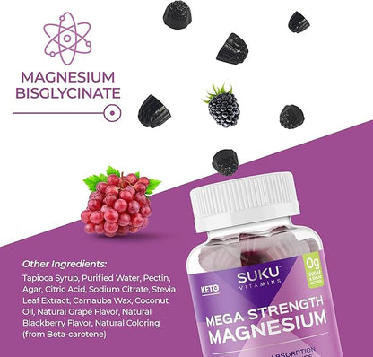 Mega Strength Magnesium - 177 mg of Magnesium Bisglycinate Gummies for Muscle Function - Easy to Chew - Non GMO, Gluten Sugar Free - Grape BlackBerry Flavored Gummy Vitamins (50 Count)
