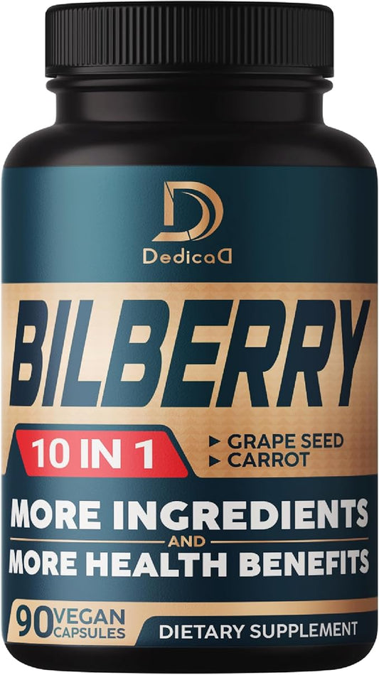 10in1 Bilberry Extract for Eyes Supplement for 3 Months - Equivalent 9260mg with Grape Seed, Carrot, Elderberry, Eyebright, Quercetin & More Herbs - Non-GMO, Gluten Free - 90 Vegan Capsules