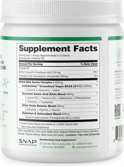 Snap BCAA Powder Essential Amino Energy Supplement with Nitric Oxide Booster - Watermelon Flavor - Pre Workout Powder, Recovery Supplements Post Workout, Muscle Strength & Performance (30 Servings)