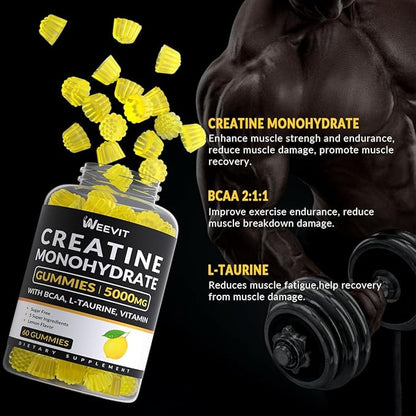 Creatine Monohydrate Gummies for Men, Chewables Creatine Monohydrate for Muscle Strength Energy Boost, Pre-Workout Supplement with BCAA, L-Taurine, B12