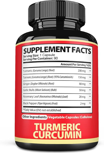 Satoomi 6in1 Turmeric Curcumin Supplement - 3 Month Supply - 95% Curcuminoids with Ginger Root, Garlic Bulb, Rosemary & Black Pepper - 90 Capsules