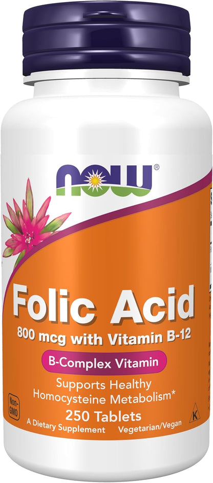 NOW Foods Supplements, Folic Acid 800 mcg + B-12 (Cyanocobalamin) 25 mcg, B Complex Vitamin, 250 Tablets