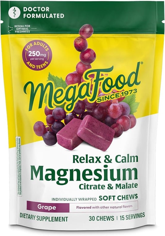 MegaFood Relax + Calm Magnesium Supplement - Soft Chews with Magnesium Citrate & Malate for Heart Health, Muscle Tension & More - Vegetarian - Grape-Flavor - 30 Chews (15 Servings)