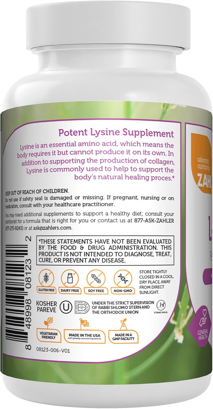 Zahler L-Lysine 500mg, Freeform L-Lysine Supplement, Kosher 60 Capsules