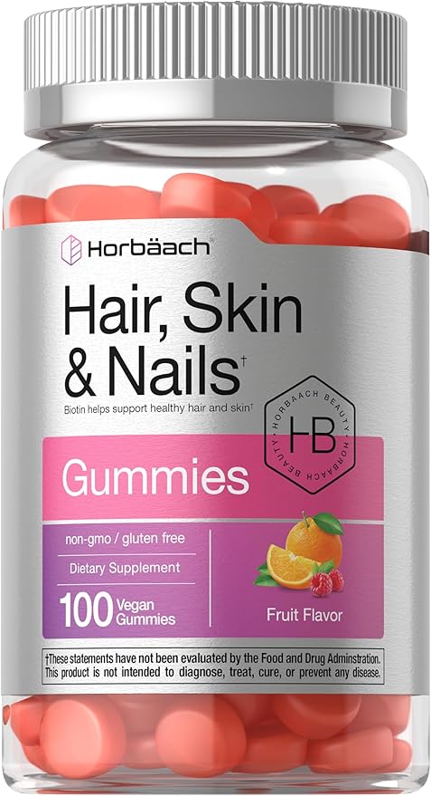 Horbäach Hair Skin and Nails Gummies | 100 Count | with Biotin | Fruit Flavored Vitamins | Non-GMO, Gluten Free Supplement