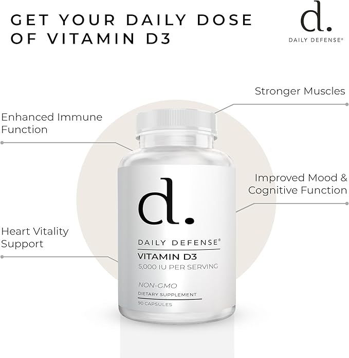 Immune Defense Supplements Vitamin D3 5000 IU for Heart Health, Daily Immune Support, Mental Clarity, & Muscle Function - 90 Vitamin D Supplements