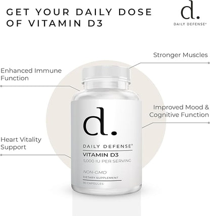 Immune Defense Supplements Vitamin D3 5000 IU for Heart Health, Daily Immune Support, Mental Clarity, & Muscle Function - 90 Vitamin D Supplements