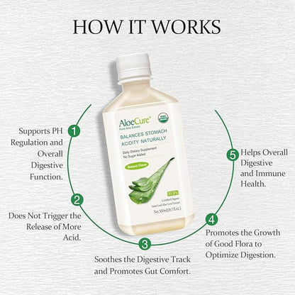 AloeCure USDA Organic Aloe Vera Juice Made Within 12 Hrs of Harvest - Pure Aloe Juice Natural Digestive Supplement to Support Digestion, Immune System and Balanced Stomach Acidity, 18 x 500ml Bottles