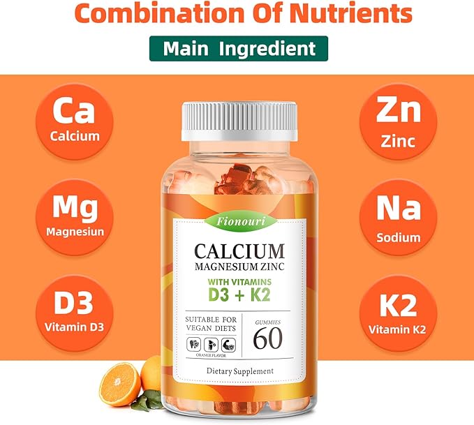 Calcium Magnesium Zinc Gummies with Vitamin D3 & K2 - High Potency Enhanced Absorption -60 OrangeGummies Flavored