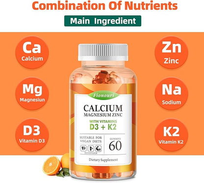 Calcium Magnesium Zinc Gummies with Vitamin D3 & K2 - High Potency Enhanced Absorption -120 Orange Gummies Flavored