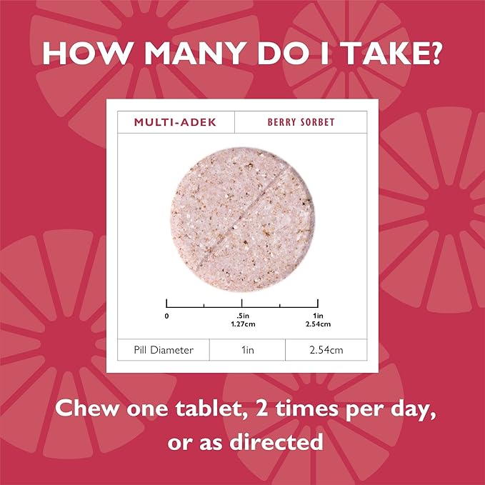 Celebrate Vitamins Multi ADEK Chewables, Iron Free - Daily Bariatric Multivitamin, High Level of Vitamins A, D, E, K & B12 for Duodenal Switch Surgery Patients - Berry Sorbert (60 Tablets)