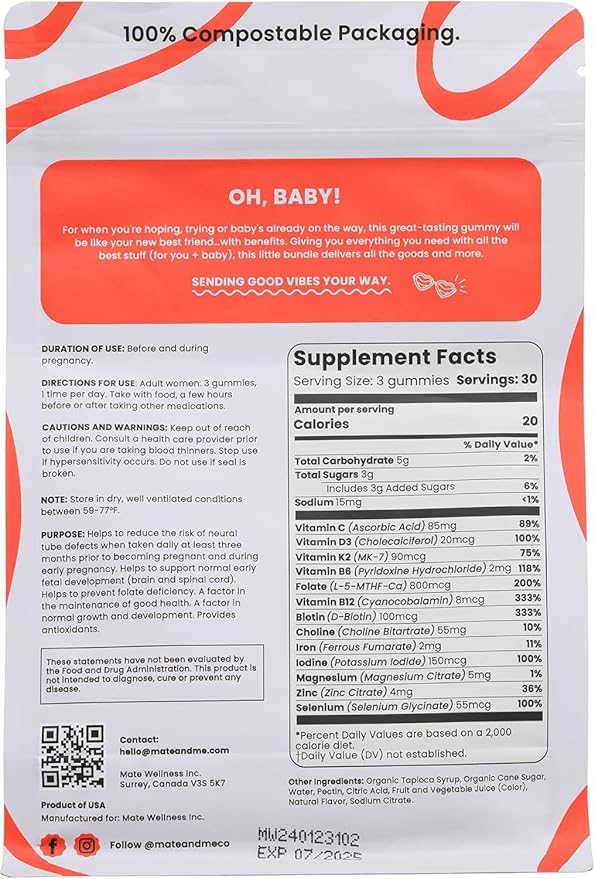 Mate & Me Prenatal Gummies for Women – Reproductive Health Support with Methylfolate, Zinc, Vitamins K2 & D3 – 90 Count