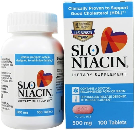 Slo-Niacin Vitamin B3 500 Mg - Slow Release Niacin for Heart Health, Energy Boost, Health Skin, Healthy Blood Sugar Levels - 100 Capsules