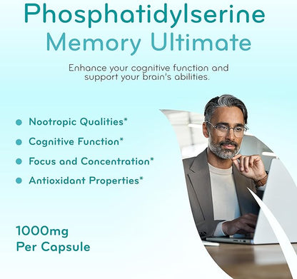 Phosphatidylserine Nootropics Brain Support Supplement - Advanced Memory Supplement for Brain Function Support with DMAE Gotu Kola and Ginkgo Biloba - Non-GMO Vegan & Made in The US (60+ Servings)