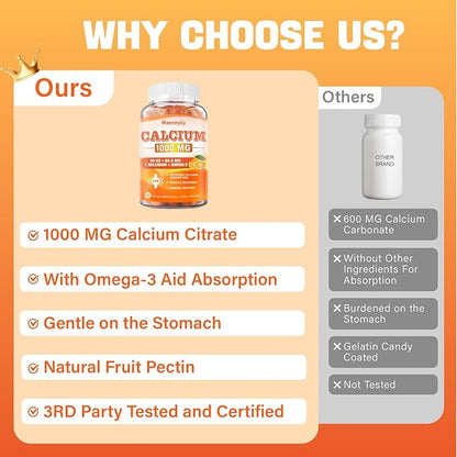 Calcium Citrate 1000 mg Supplement Gummies - Chelated Calcium Gummies Plus Vitamin D3, K2, B6, B12, Magnesium, Zinc, Boron, Selenium & Omega-3 - Support B0ne Muscle Immune for Adults 60 Count