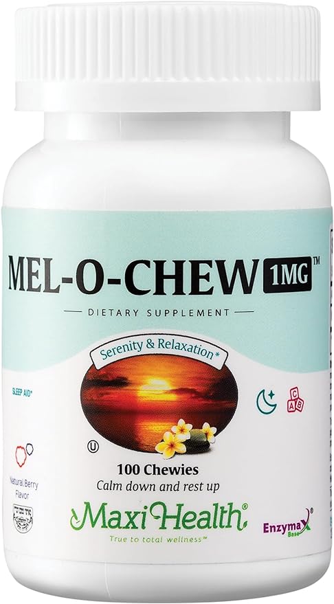 Maxi Health Chewable Melatonin, Kosher Berry Flavor, 1mg Melatonin for Adults or Teens, Natural Aid for Adults, Melatonin Chewables Alternative to Melatonin Gummies Higher 1 mg Dose (100 Count)